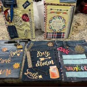 Colorful Denim Journals. Pictured front and back. Yep, some people still write.